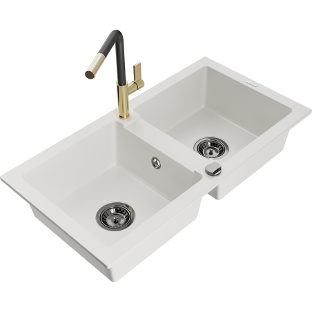 Mexen Mario zlewozmywak granitowy 2-komorowy z baterią kuchenną Flora, biały - 6504-20-670401-57-B