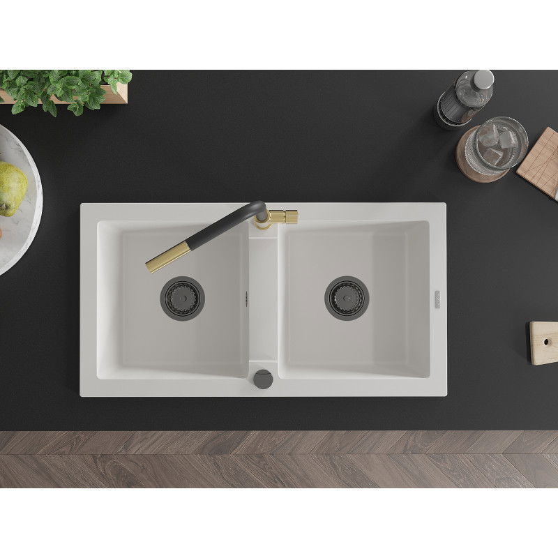 Mexen Mario zlewozmywak granitowy 2-komorowy z baterią kuchenną Flora, biały - 6504-20-670401-57-B