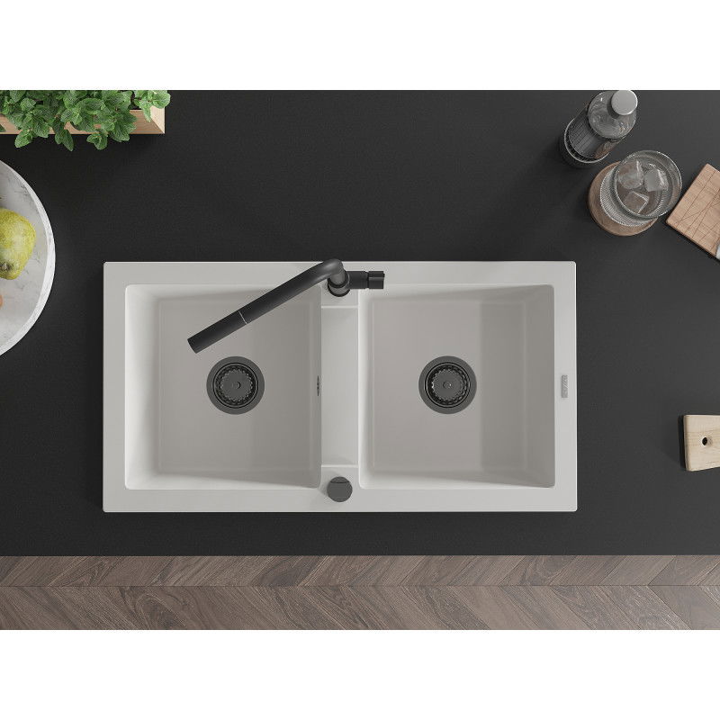 Mexen Mario zlewozmywak granitowy 2-komorowy z baterią kuchenną Flora, biały - 6504-20-670401-70-B