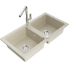 Mexen Mario zlewozmywak granitowy 2-komorowy z baterią kuchenną Flora, beżowy - 6504-69-670401-00