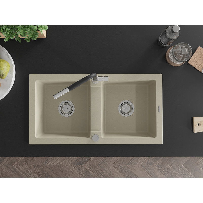 Mexen Mario zlewozmywak granitowy 2-komorowy z baterią kuchenną Flora, beżowy - 6504-69-670401-07