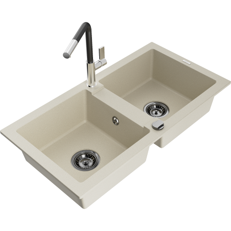 Mexen Mario zlewozmywak granitowy 2-komorowy z baterią kuchenną Flora, beżowy - 6504-69-670401-07-B