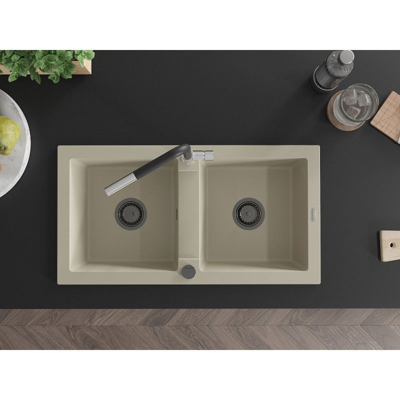 Mexen Mario zlewozmywak granitowy 2-komorowy z baterią kuchenną Flora, beżowy - 6504-69-670401-07-B
