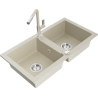 Mexen Mario zlewozmywak granitowy 2-komorowy z baterią kuchenną Flora, beżowy - 6504-69-670401-09