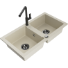 Mexen Mario zlewozmywak granitowy 2-komorowy z baterią kuchenną Flora, beżowy - 6504-69-670401-70-B