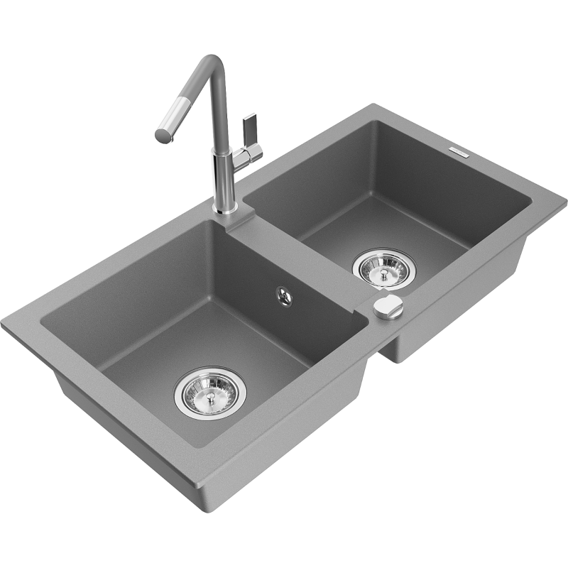 Mexen Mario zlewozmywak granitowy 2-komorowy z baterią kuchenną Flora, szary - 6504-71-670401-06