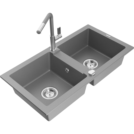 Mexen Mario zlewozmywak granitowy 2-komorowy z baterią kuchenną Flora, szary - 6504-71-670401-06