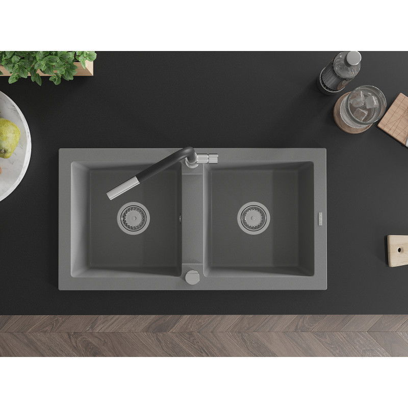 Mexen Mario zlewozmywak granitowy 2-komorowy z baterią kuchenną Flora, szary - 6504-71-670401-07