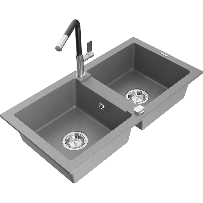 Mexen Mario zlewozmywak granitowy 2-komorowy z baterią kuchenną Flora, szary - 6504-71-670401-07