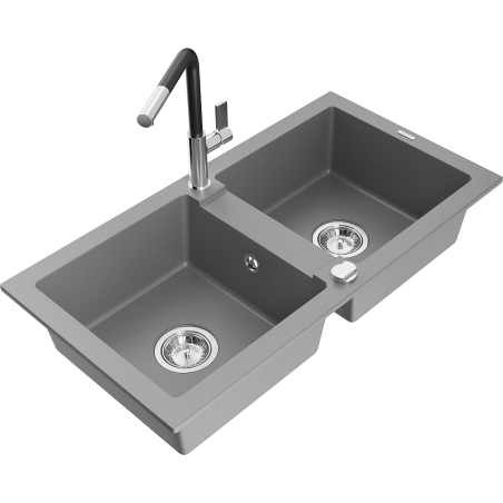 Mexen Mario zlewozmywak granitowy 2-komorowy z baterią kuchenną Flora, szary - 6504-71-670401-07
