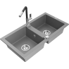 Mexen Mario zlewozmywak granitowy 2-komorowy z baterią kuchenną Flora, szary - 6504-71-670401-07