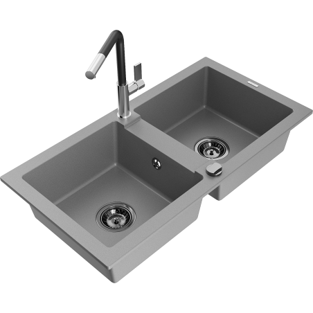 Mexen Mario zlewozmywak granitowy 2-komorowy z baterią kuchenną Flora, szary - 6504-71-670401-07-B