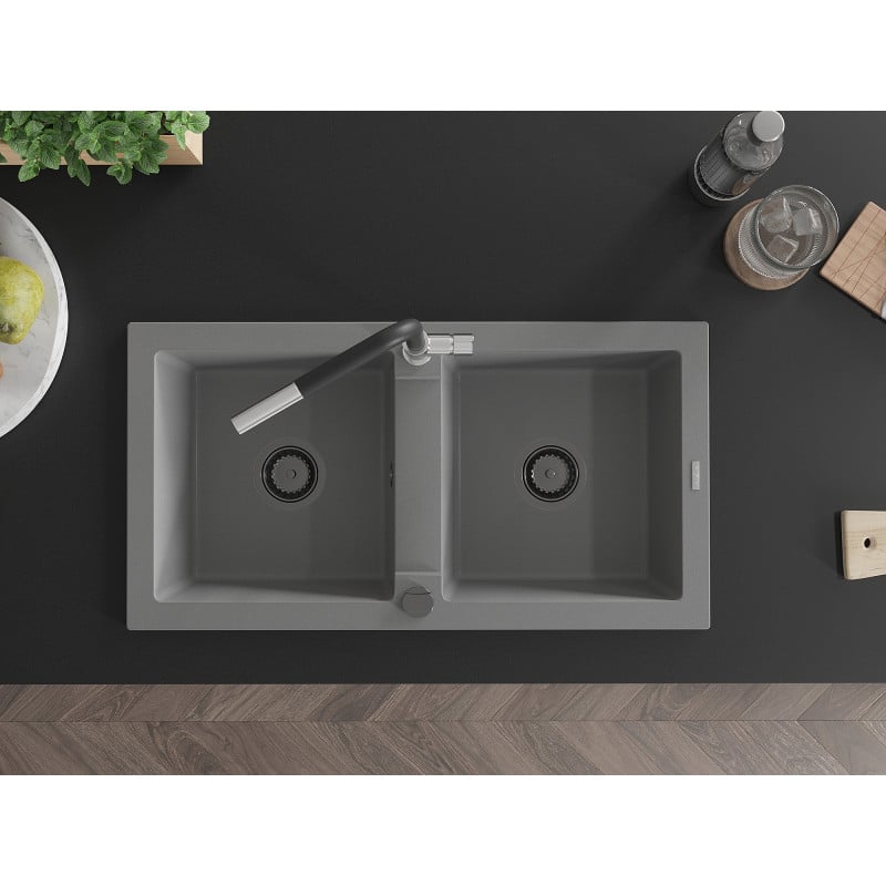 Mexen Mario zlewozmywak granitowy 2-komorowy z baterią kuchenną Flora, szary - 6504-71-670401-07-B