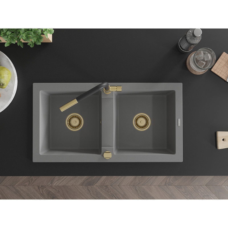 Mexen Mario zlewozmywak granitowy 2-komorowy z baterią kuchenną Flora, szary - 6504-71-670401-57-G