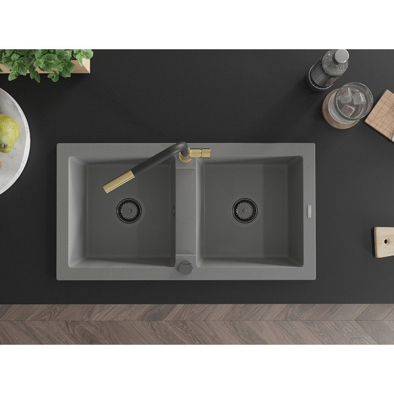 Mexen Mario zlewozmywak granitowy 2-komorowy z baterią kuchenną Flora, szary - 6504-71-670401-57-B