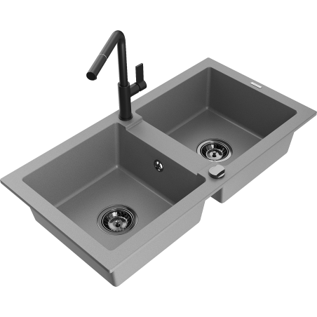 Mexen Mario zlewozmywak granitowy 2-komorowy z baterią kuchenną Flora, szary - 6504-71-670401-70-B