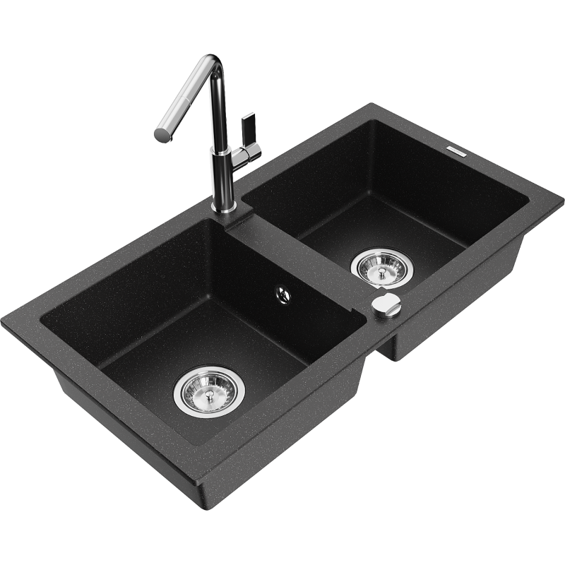 Mexen Mario zlewozmywak granitowy 2-komorowy z baterią kuchenną Flora, czarny/srebrny metalik - 6504-73-670401-00