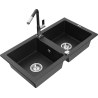 Mexen Mario zlewozmywak granitowy 2-komorowy z baterią kuchenną Flora, czarny/srebrny metalik - 6504-73-670401-07