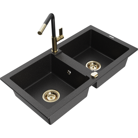 Mexen Mario zlewozmywak granitowy 2-komorowy z baterią kuchenną Flora, czarny/srebrny metalik - 6504-73-670401-57-G