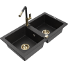 Mexen Mario zlewozmywak granitowy 2-komorowy z baterią kuchenną Flora, czarny/srebrny metalik - 6504-73-670401-57-G