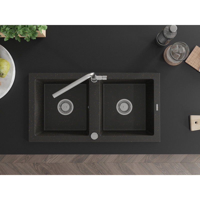 Mexen Mario zlewozmywak granitowy 2-komorowy z baterią kuchenną Flora, czarny/złoty metalik - 6504-75-670401-00
