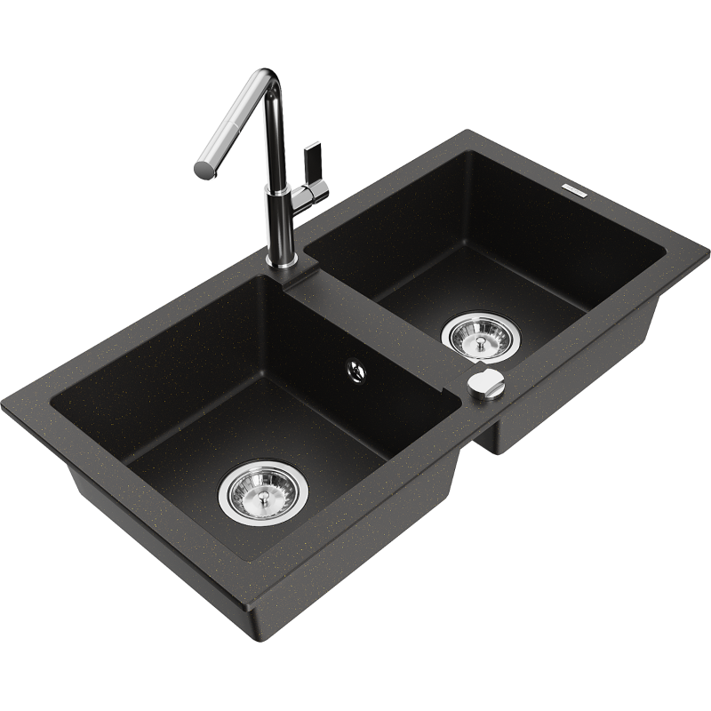 Mexen Mario zlewozmywak granitowy 2-komorowy z baterią kuchenną Flora, czarny/złoty metalik - 6504-75-670401-00