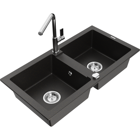 Mexen Mario zlewozmywak granitowy 2-komorowy z baterią kuchenną Flora, czarny/złoty metalik - 6504-75-670401-00