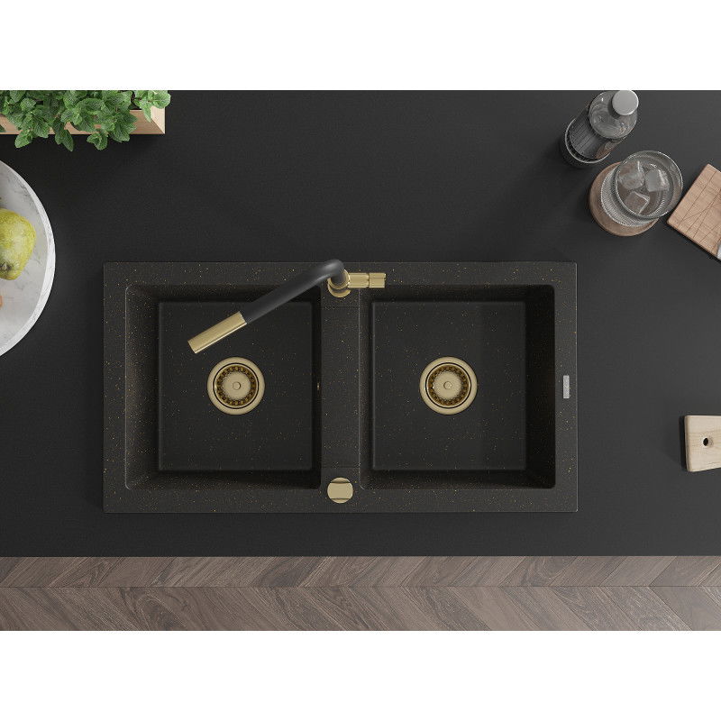 Mexen Mario zlewozmywak granitowy 2-komorowy z baterią kuchenną Flora, czarny/złoty metalik - 6504-75-670401-57-G