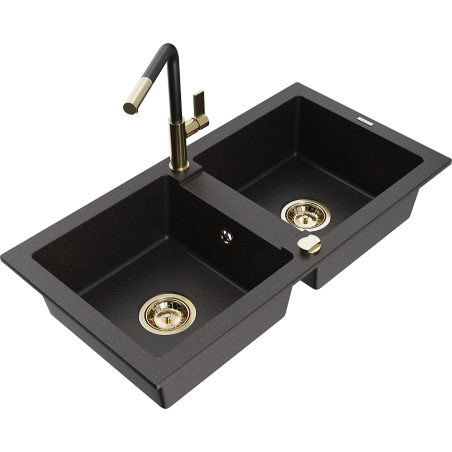 Mexen Mario zlewozmywak granitowy 2-komorowy z baterią kuchenną Flora, czarny/złoty metalik - 6504-75-670401-57-G