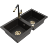 Mexen Mario zlewozmywak granitowy 2-komorowy z baterią kuchenną Flora, czarny/złoty metalik - 6504-75-670401-57-G