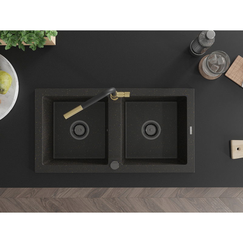 Mexen Mario zlewozmywak granitowy 2-komorowy z baterią kuchenną Flora, czarny/złoty metalik - 6504-75-670401-57-B