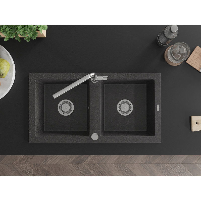 Mexen Mario zlewozmywak granitowy 2-komorowy z baterią kuchenną Flora, czarny nakrapiany - 6504-76-670401-00