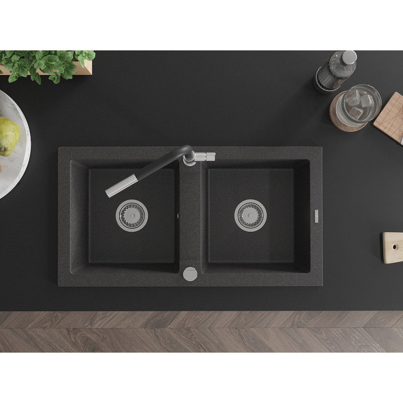 Mexen Mario zlewozmywak granitowy 2-komorowy z baterią kuchenną Flora, czarny nakrapiany - 6504-76-670401-07