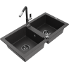 Mexen Mario zlewozmywak granitowy 2-komorowy z baterią kuchenną Flora, czarny nakrapiany - 6504-76-670401-07-B