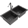 Mexen Mario zlewozmywak granitowy 2-komorowy z baterią kuchenną Flora, czarny nakrapiany - 6504-76-670401-08-B