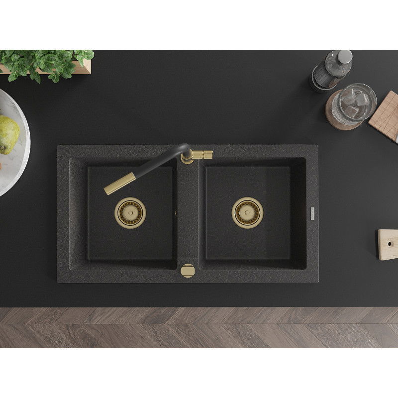 Mexen Mario zlewozmywak granitowy 2-komorowy z baterią kuchenną Flora, czarny nakrapiany - 6504-76-670401-57-G