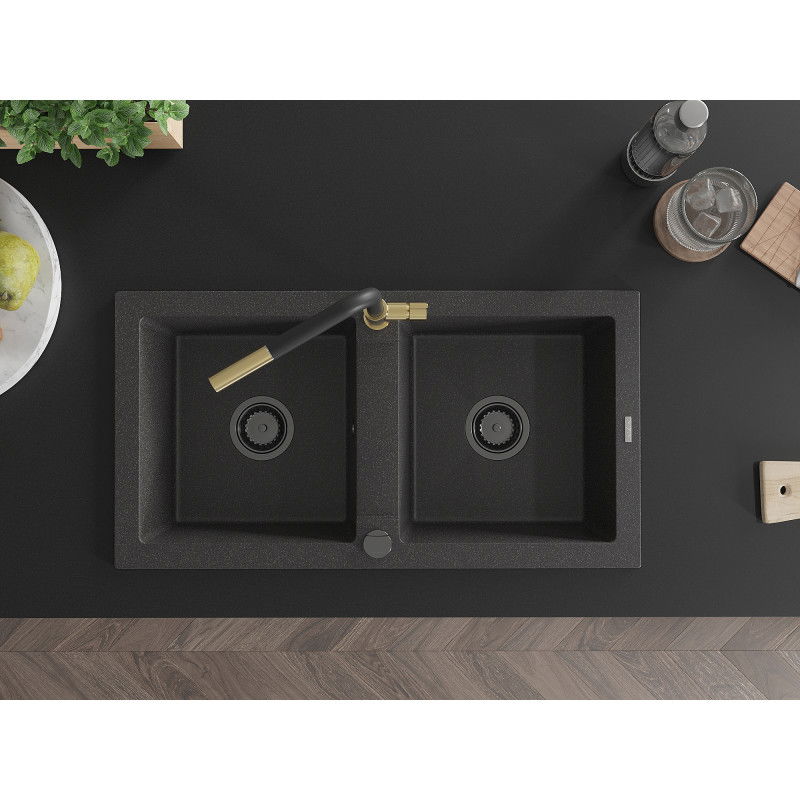 Mexen Mario zlewozmywak granitowy 2-komorowy z baterią kuchenną Flora, czarny nakrapiany - 6504-76-670401-57-B