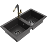 Mexen Mario zlewozmywak granitowy 2-komorowy z baterią kuchenną Flora, czarny nakrapiany - 6504-76-670401-57-B