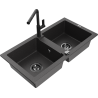 Mexen Mario zlewozmywak granitowy 2-komorowy z baterią kuchenną Flora, czarny nakrapiany - 6504-76-670401-70-B