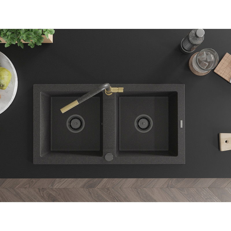 Mexen Mario zlewozmywak granitowy 2-komorowy z baterią kuchenną Flora, czarny nakrapiany - 6504-76-670401-75-B