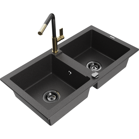 Mexen Mario zlewozmywak granitowy 2-komorowy z baterią kuchenną Flora, czarny nakrapiany - 6504-76-670401-75-B