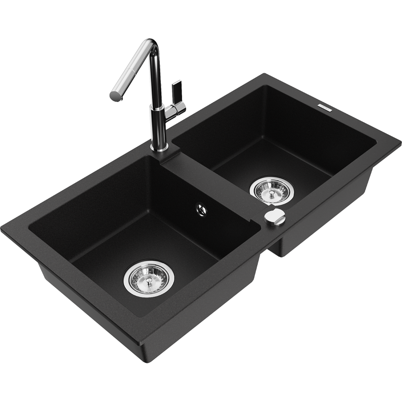 Mexen Mario zlewozmywak granitowy 2-komorowy z baterią kuchenną Flora, czarny - 6504-77-670401-00