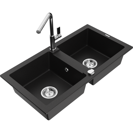 Mexen Mario zlewozmywak granitowy 2-komorowy z baterią kuchenną Flora, czarny - 6504-77-670401-00