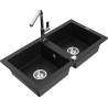 Mexen Mario zlewozmywak granitowy 2-komorowy z baterią kuchenną Flora, czarny - 6504-77-670401-00