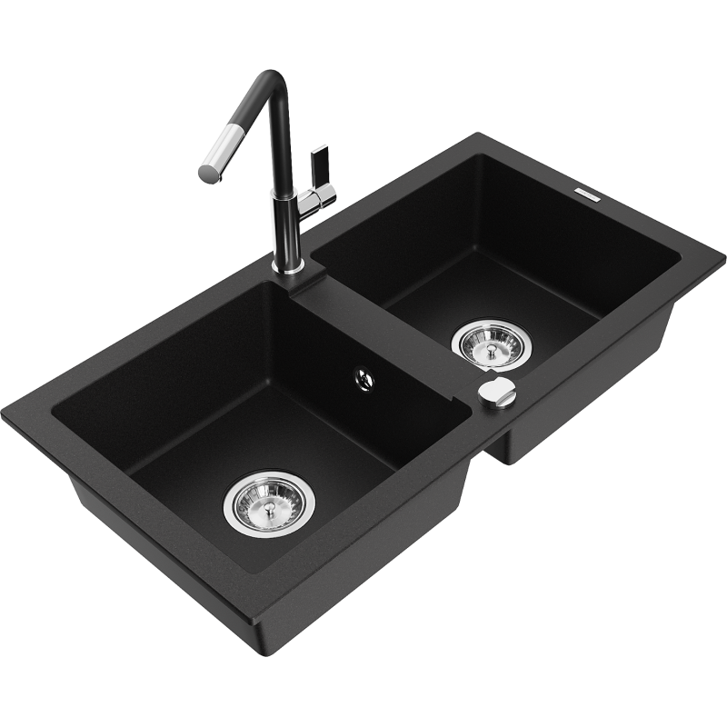 Mexen Mario zlewozmywak granitowy 2-komorowy z baterią kuchenną Flora, czarny - 6504-77-670401-07