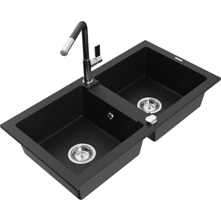 Mexen Mario zlewozmywak granitowy 2-komorowy z baterią kuchenną Flora, czarny - 6504-77-670401-07