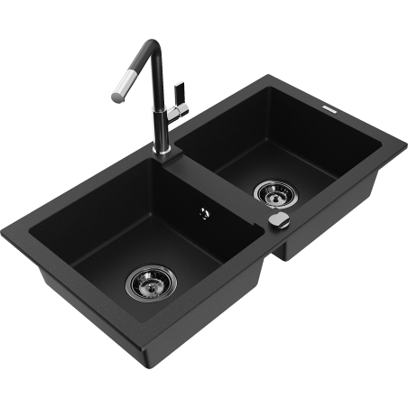 Mexen Mario zlewozmywak granitowy 2-komorowy z baterią kuchenną Flora, czarny - 6504-77-670401-07-B