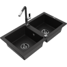 Mexen Mario zlewozmywak granitowy 2-komorowy z baterią kuchenną Flora, czarny - 6504-77-670401-07-B
