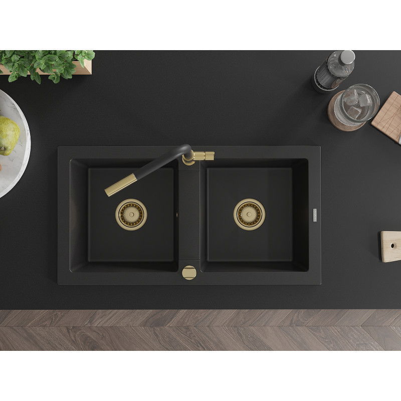 Mexen Mario zlewozmywak granitowy 2-komorowy z baterią kuchenną Flora, czarny - 6504-77-670401-57-G