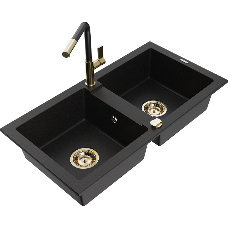 Mexen Mario zlewozmywak granitowy 2-komorowy z baterią kuchenną Flora, czarny - 6504-77-670401-57-G